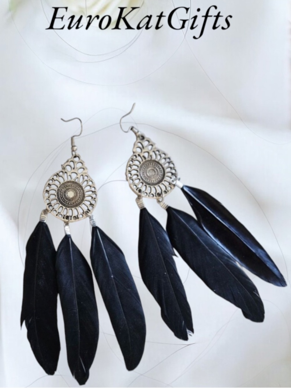 Black Feather Drop Earrings - Boho Silver Accent